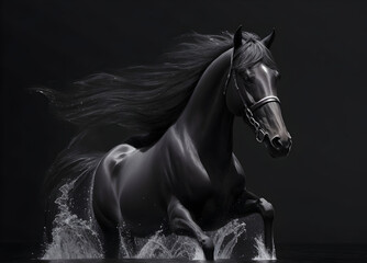 Black hairy Arabian Horse running in the water, black, hairy, arabian, horse, run, running, water, black horse, black hairy horse, arabian horse, black arabian horse, horse running in water, back