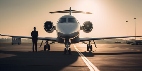 luxurious private jet on a runway with a smiling pilot in generative AI - obrazy, fototapety, plakaty