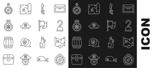 Set line Compass, Pirate treasure map, hook, sword, hat, and flag icon. Vector