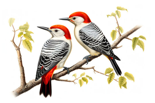 Image of group of red-bellied woodpecker on a branch on a white background. Birds. Animals. Illustration, Generative AI.