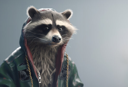 Image of portrait of an raccoon hip hop outfit costume, Fashion. Illustration, Generative AI.