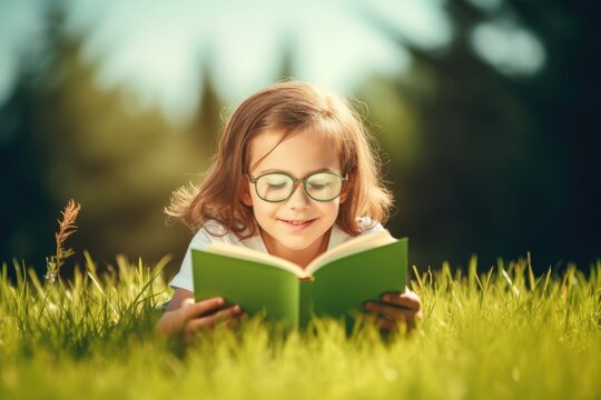 Carefree children. Cute kid with book on grass