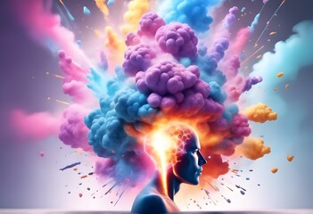 Think differently creative mind-blowing idea explodes with colorful paint and splashes. Explosive colorful idea. Mind-blowing success feeling.
