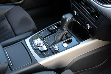 Automatic gearbox shift lever. Interior car, automatic transmission gearshift stick.