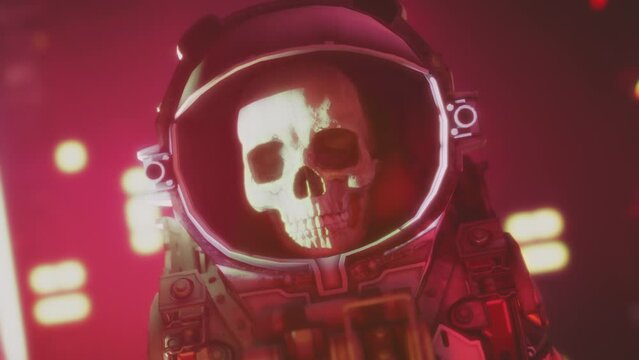 Dead astronaut. Human skull in the helmet of a space suit in spaceship cockpit. Scifi, science-fiction footage. Death in space concept. Animated movie style. Space disaster, exploration. Anime style