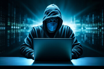 Hacker en train de pirater un système informatique, cyber-criminalité, rançongiciel, vol de données informatiques, ransomwares, attaques informatiques - obrazy, fototapety, plakaty
