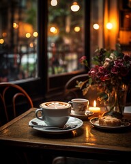 A Latte on a table at a Cozy little European Cafe, Milk foam in heart shape design latte art from a professional barista artist