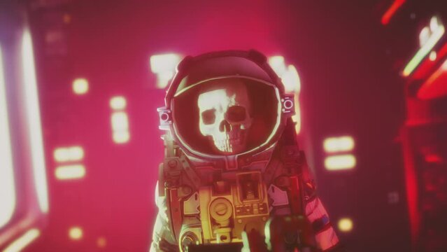 Dead astronaut. Human skull in the helmet of a space suit in spaceship cockpit. Scifi, science-fiction footage. Death in space concept. Animated movie style. Space disaster, exploration. Anime style