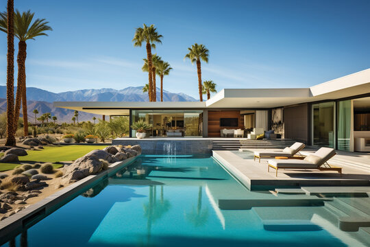 Villa contemporaine dans le d&eacute;sert californien, piscine, palmiers, luxe