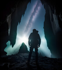 Hombre mirando la noche estrellada desde una cueva - obrazy, fototapety, plakaty