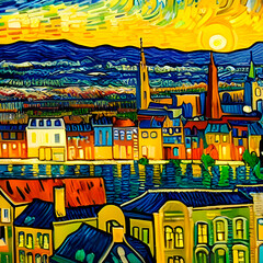 Hermosa pintura estilo impresionista de una ciudad con una hermosa luz de atardecer