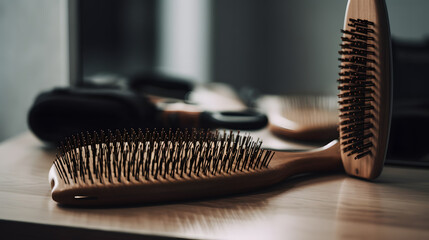 hairbrush and a comb lying on a white surface with a mirr two generative AI - obrazy, fototapety, plakaty
