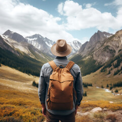 Fototapeta na wymiar traveler looking at the horizon. Mountains, yellow fields. Backpack, hat.