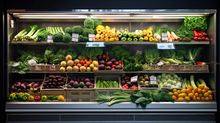 Shelves with fresh vegetables and fruits in a large refrigerator in a vegetable shop - obrazy, fototapety, plakaty
