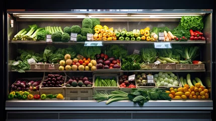 Gordijnen Shelves with fresh vegetables and fruits in a large refrigerator in a vegetable shop © twilight mist