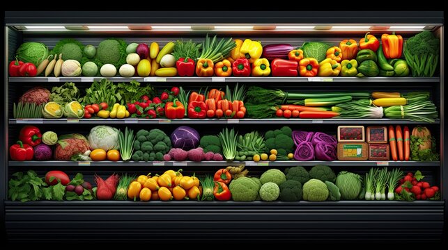 Shelves with fresh vegetables and fruits in a large refrigerator in a vegetable shop