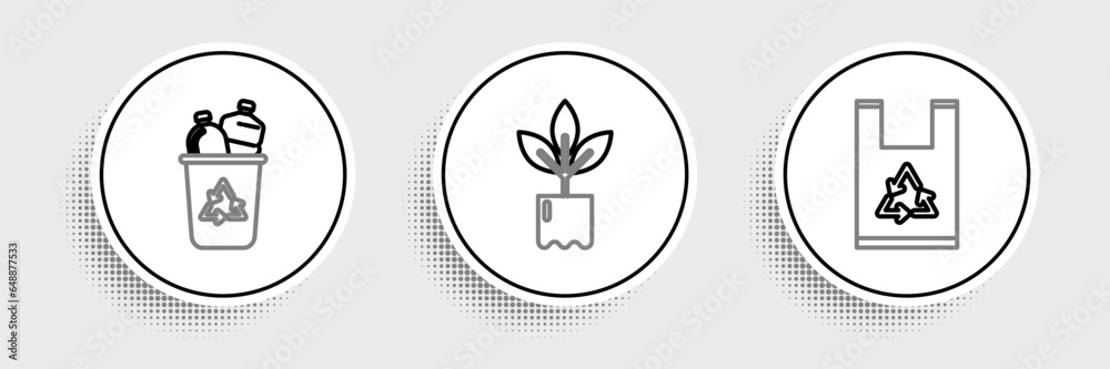 Poster set line plastic bag with recycle, recycle bin symbol and plant bottle icon. vector