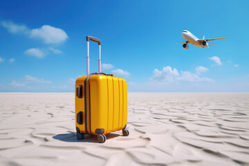Mock up travel suitcase on beach with plane in the sky. Flight ticket booking app ad. Generative AI