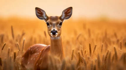 Fotobehang deer in a wheat field. Yellow. Warm colors. © DIVO