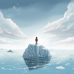 homme seul sur un iceberg en mer, concept du changement climatique, concept du réchauffement climatique - IA Generative - obrazy, fototapety, plakaty