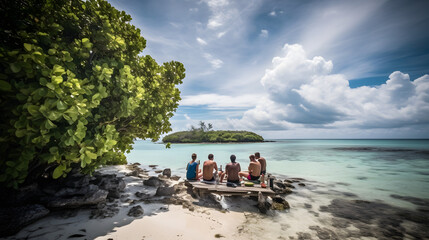 Fototapeta na wymiar Island life a group of friends enjoying a tropical vacati two generative AI