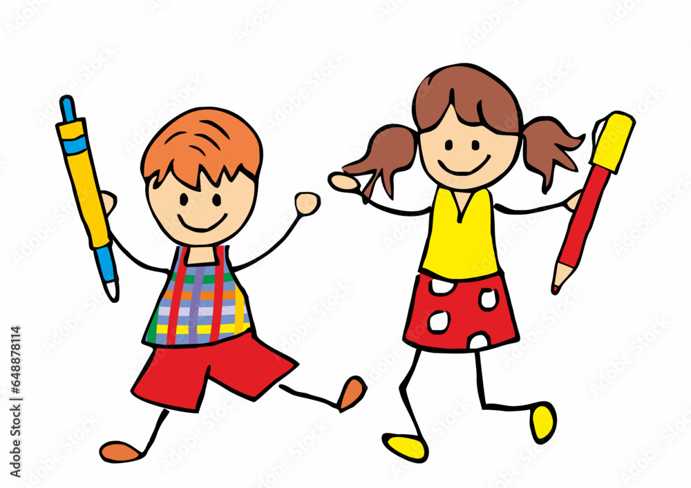 Wall mural boy and girl with pen, school children, smiling children with equipments, vector illustration