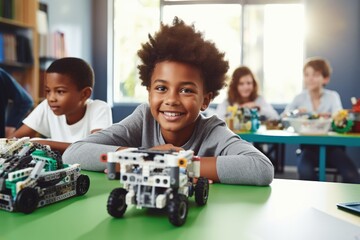 Diverse school children build robotic cars - obrazy, fototapety, plakaty