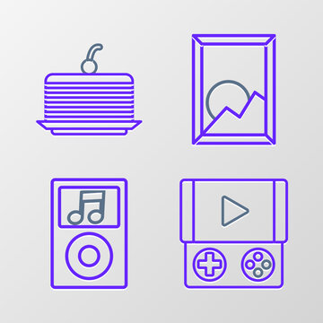 Set line Portable video game console, Music player, Picture landscape and Cake icon. Vector