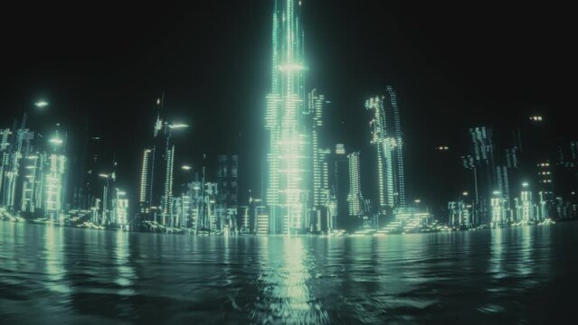Futuristic city of lights skyline, glowing buildings reflecting in water. Digital landscape. Aerial drone footage. Sci fi science fiction cinematic city footage. Digital world concept. Zoom in.