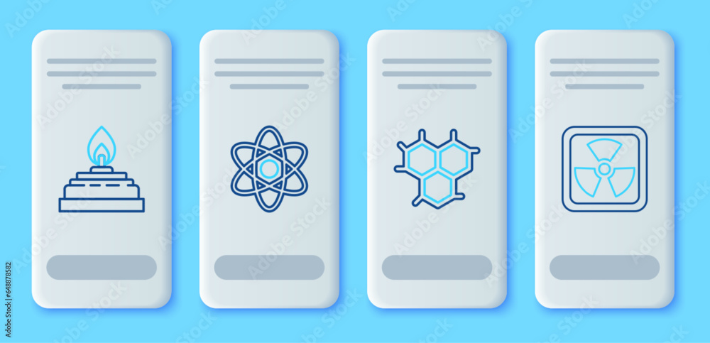 Poster Set line Atom, Chemical formula, Alcohol spirit burner and Radioactive icon. Vector