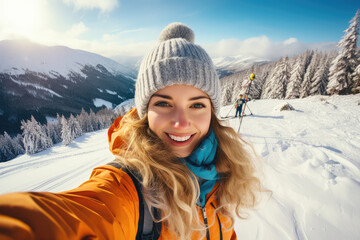 Fototapeta na wymiar Skier Takes a Selfie on a Snowy Slope