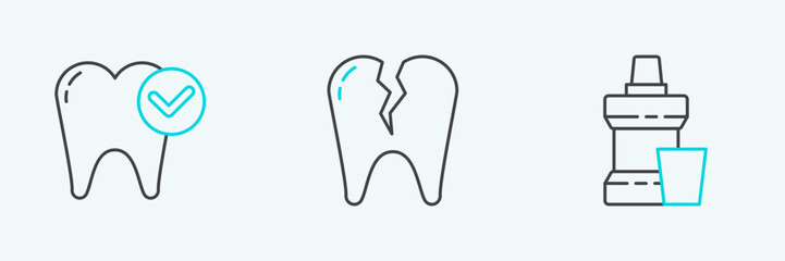 Set line Mouthwash plastic bottle, Tooth whitening concept and Broken tooth icon. Vector