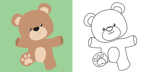 Colouring the animals. Coloring a cute cartoon bear. Simple colouring page for kids. Fun activity for kids. Educational printable coloring worksheet. Vector illustration. 