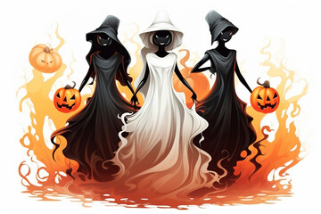 Three fashionable witches in hats with pumpkins in their hands go to celebrate Halloween, Happy Halloween Background, Halloween orange Background, Witches in hats with pumpkins.