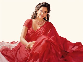 Indian Bride in Red Saree Isolated on White background