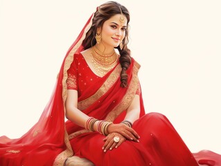 Indian Bride in Red Saree isolated on white background