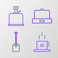 Set line Coffee cup, Shovel, Beanie hat and Camping gas stove icon. Vector