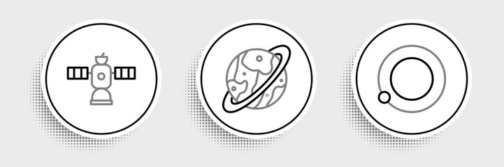 Set line Satellites orbiting the planet Earth, and Space capsule and parachute icon. Vector © Oksana