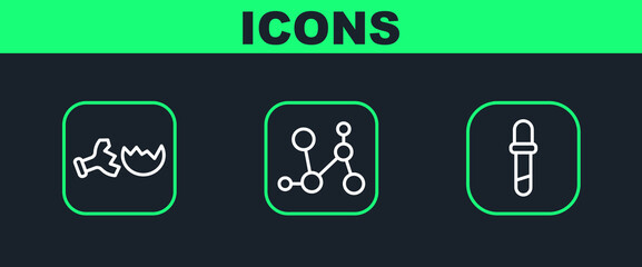 Set line Pipette, Broken flask and Chemical formula icon. Vector