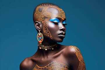 Beautiful glamour African woman with black skin body art. - obrazy, fototapety, plakaty
