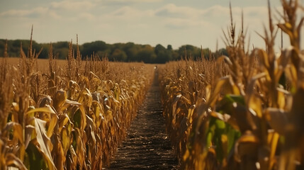 large yellow corn field ready for harvest three generative AI - obrazy, fototapety, plakaty