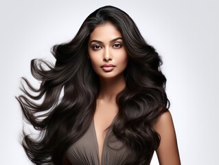 Indian girl showcasing her long wavy hair for a beauty ad on white background