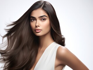Naklejka premium Elegant Indian girl with long wavy hair in a beauty ad on white background