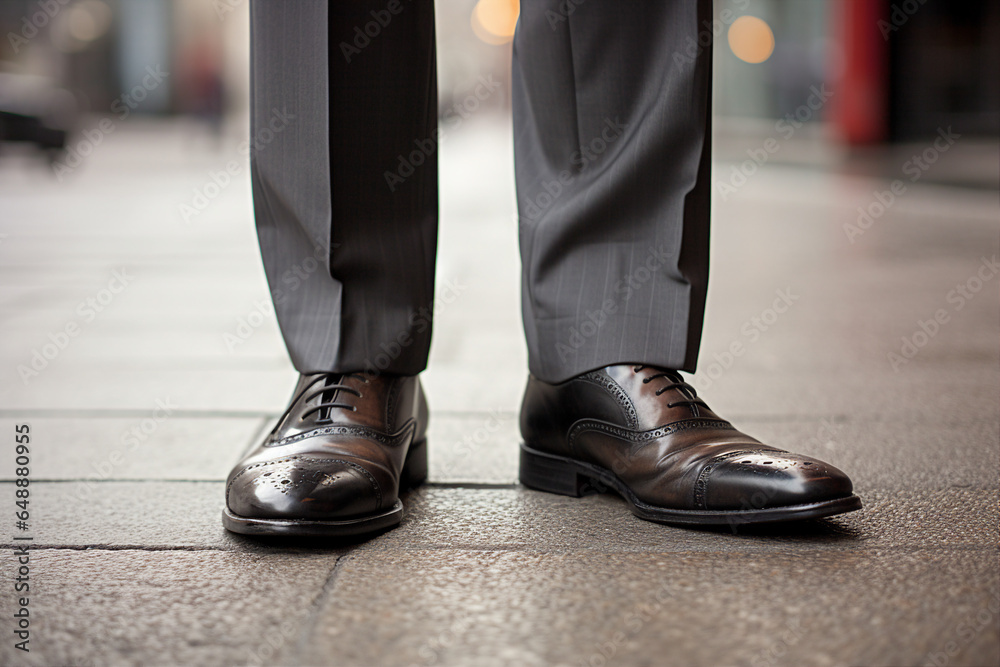 Poster Close up generative AI photography of man going to the office in classic leather shoes