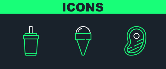 Set line Steak meat, Paper glass with straw and Ice cream in waffle cone icon. Vector