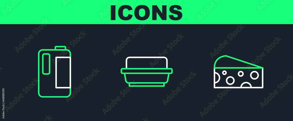 Wall mural Set line Cheese, Milk in plastic bottle and Butter butter dish icon. Vector