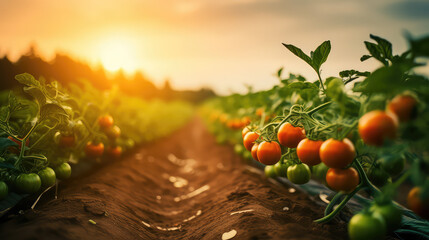 Tomato field inside a farm, nobody, empty field with ripe red tomatoes on branches, sunlight rays of light.  - obrazy, fototapety, plakaty