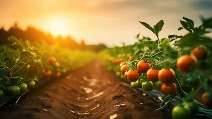 Foto op Plexiglas Tomato field inside a farm, nobody, empty field with ripe red tomatoes on branches, sunlight rays of light.  © IndigoElf