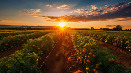 Tomato field inside a farm, nobody, empty field with ripe red tomatoes on branches, sunlight rays of light. 