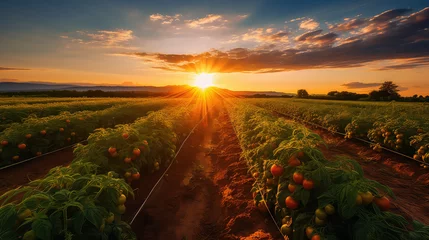 Poster Tomato field inside a farm, nobody, empty field with ripe red tomatoes on branches, sunlight rays of light.  © IndigoElf